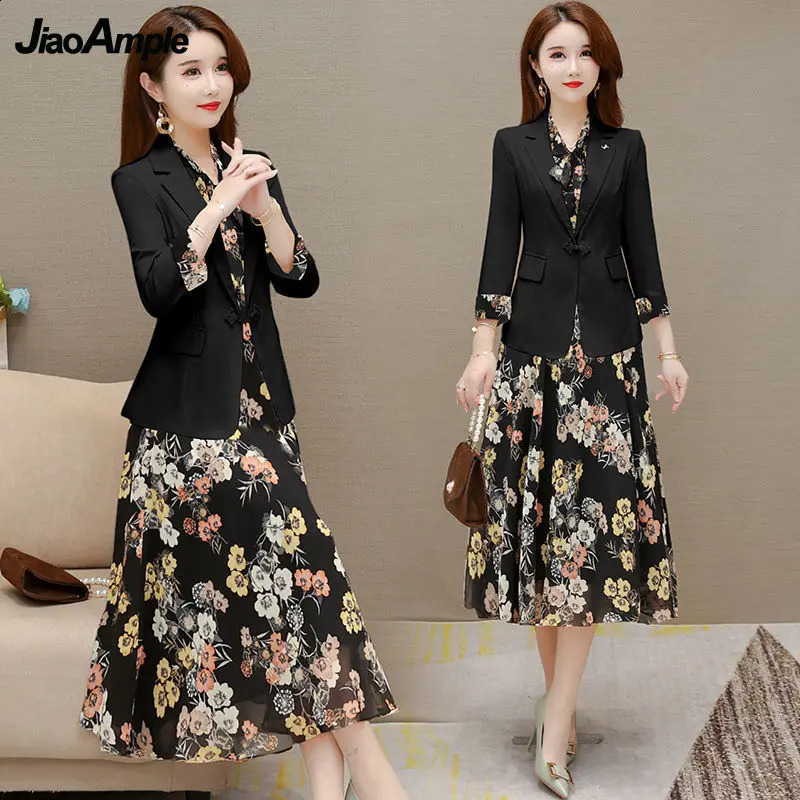 Womens Elegant Suit Jacket Floral Dress Two-piece Korean Casual Blazers Business Dresses Set Female Clothing Midi Skirt Suit 250113