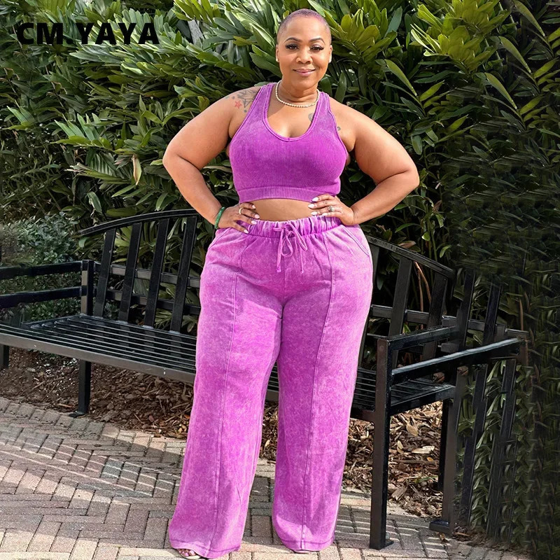 CM YAYA Plus Size Tie Dye Printed Womens Set Sleeveless Mini TopWide Leg Straight Pants Washing Two Piece y250122