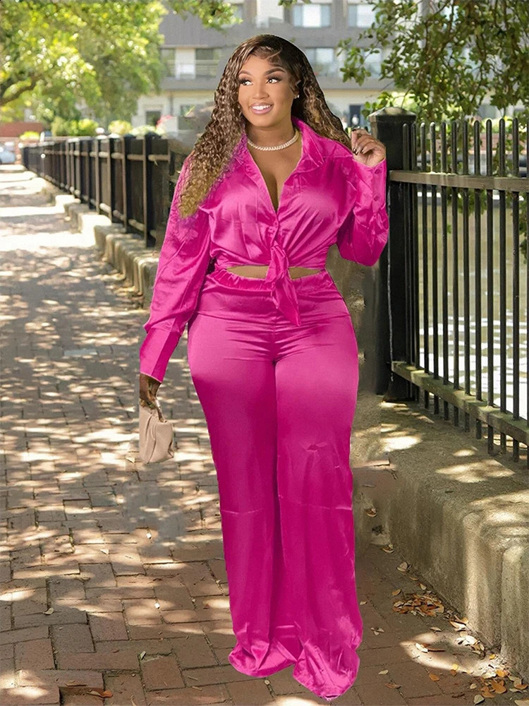 Two piece womens clothing set long sleeved shirt satin pants plus size casual wholesale bulk direct y250122