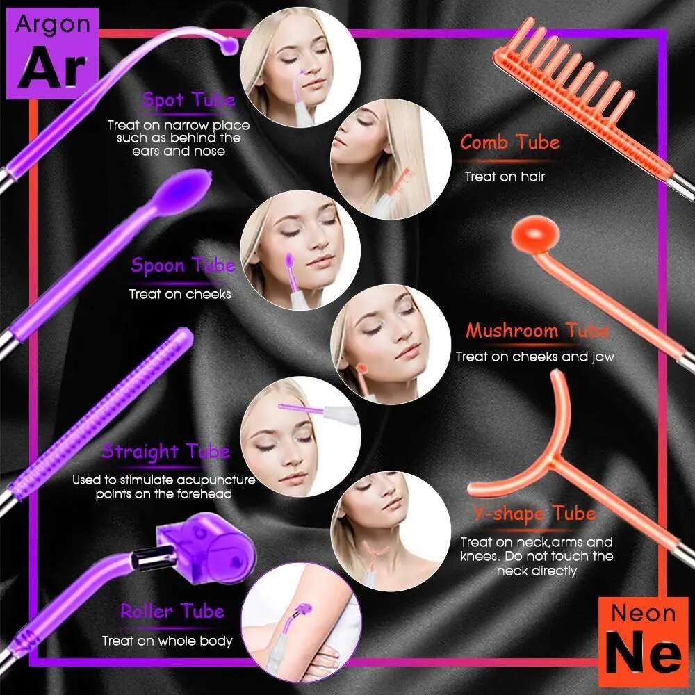 7 in 1 High Frequency Electro Therapy Wand Orange and Purple Glass Tube Remove Wrinkle Acne Spot Face Spa Skin Care Device