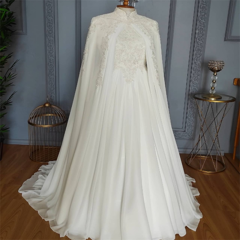 Exquisite Muslim Wedding Dress Caped Moroccan Caftan Dubai Civil Bride Derss Long Sleeve Islamic Caucasian Bridal Dress Modern Lace Country Vestio De 
