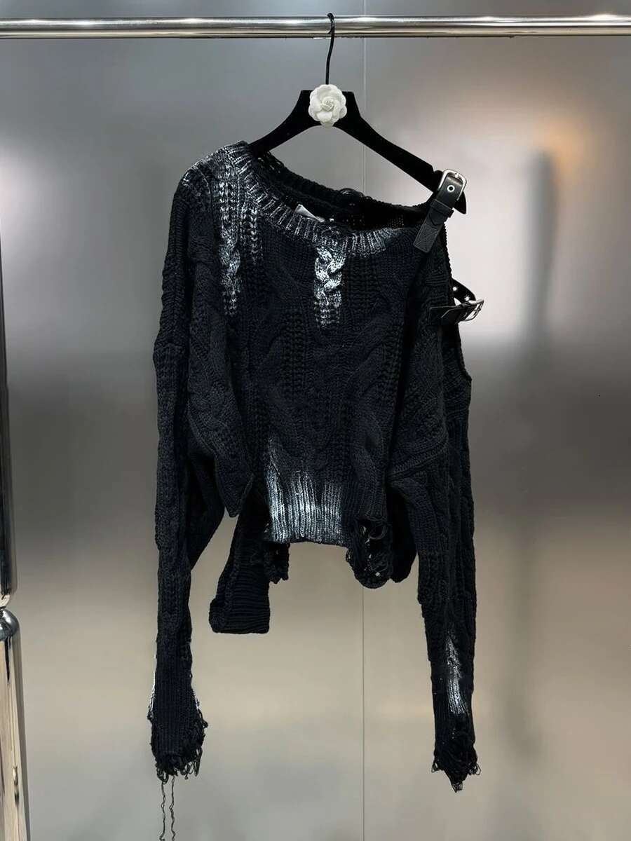 VGH Hit Color Hollow Out Loose Knit Sweater For Women Round Neck Long Sleeve Spliced Belt Pullover High Street Sweaters Female