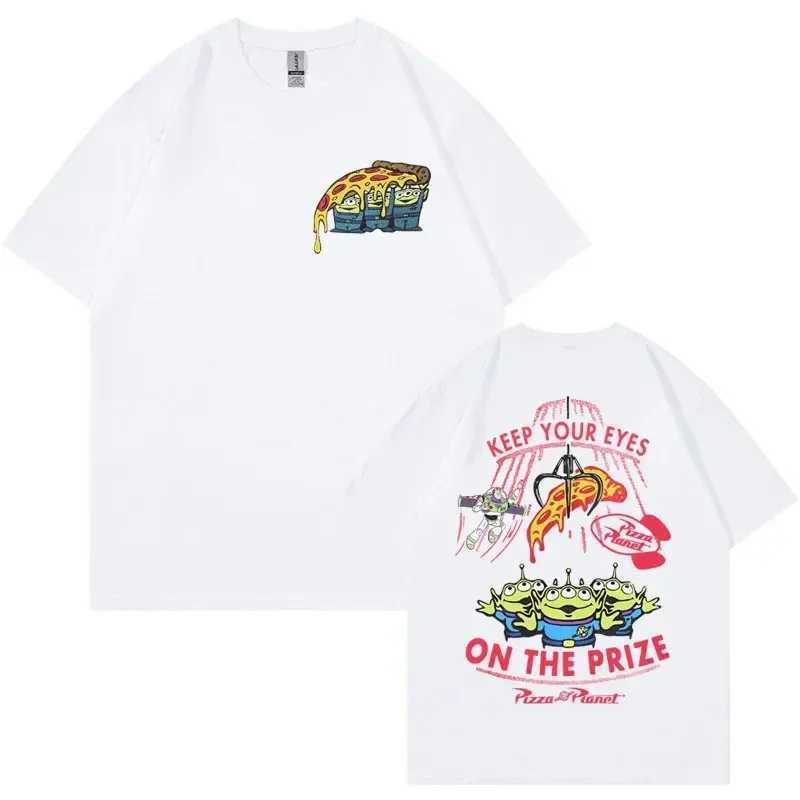 Funny Pizza Planet Double Sided Graphic T-shirt Men Women Fashion Retro Cartoon T-shirts Casual 100% Cotton Short Sleeve T Shirt X2501131