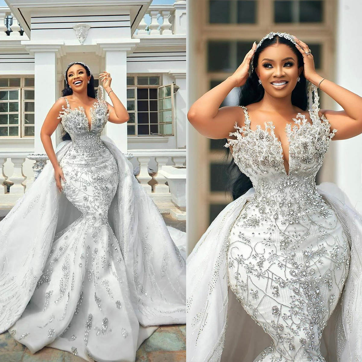 African Luxury Crystal Beading Wedding Dresses With Detachable Train Full Beads Bridal Gowns Custom Made Dress