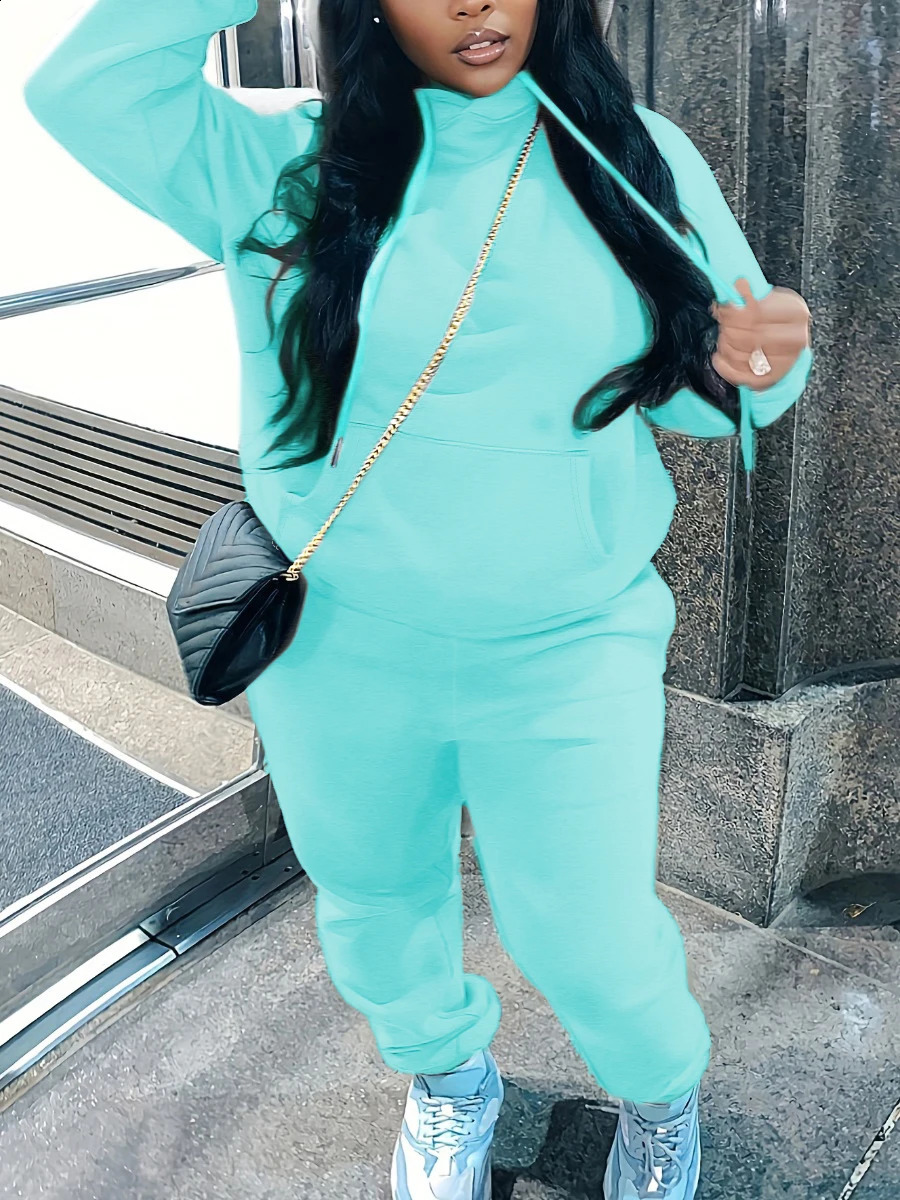 LW Plus Size Fleece Plain Two Pieces Pants Suits Autumn Winter Thickened Hooded Collar Kangaroo Pocket Drawsting Tracksuit Set y250122