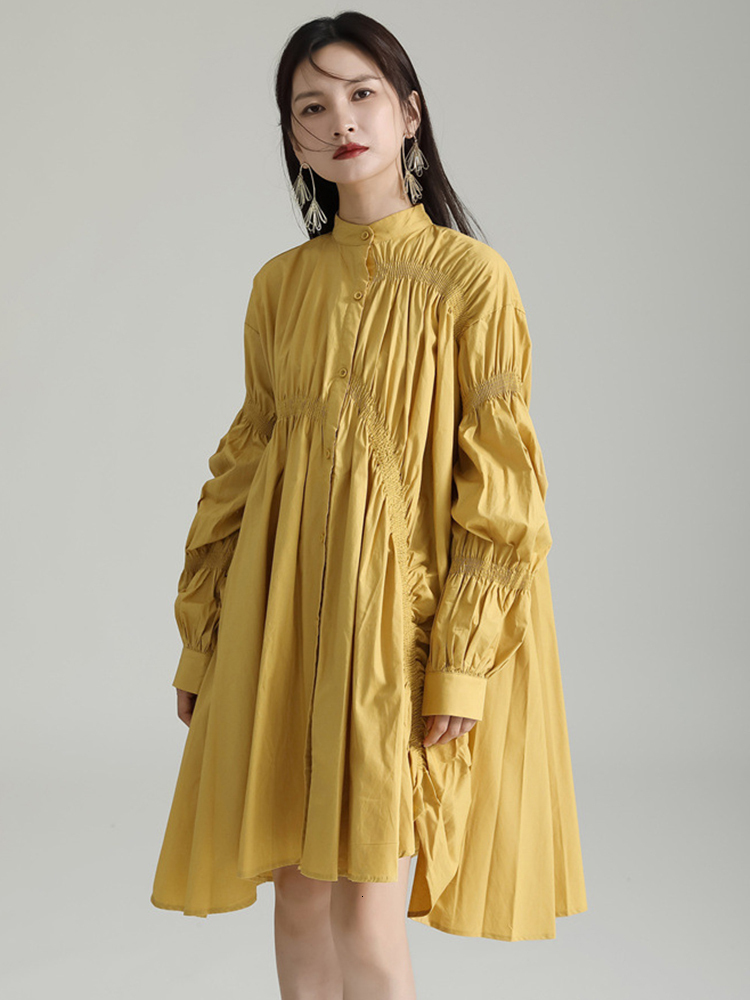 Women Blue Irregular Pleated Big Hem Shirt Dress New Stand Neck Long Sleeve Loose Fashion Tide Spring Autumn 2025 1Df9549