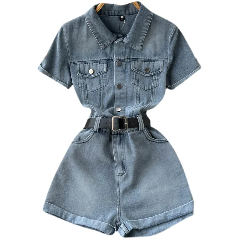 Jumpsuit Denim Shorts 2024 Womens Lapel Short Sleeved Belt High Waisted Wide Leg Shorts Fashionable High Street Ladies Wear 250107