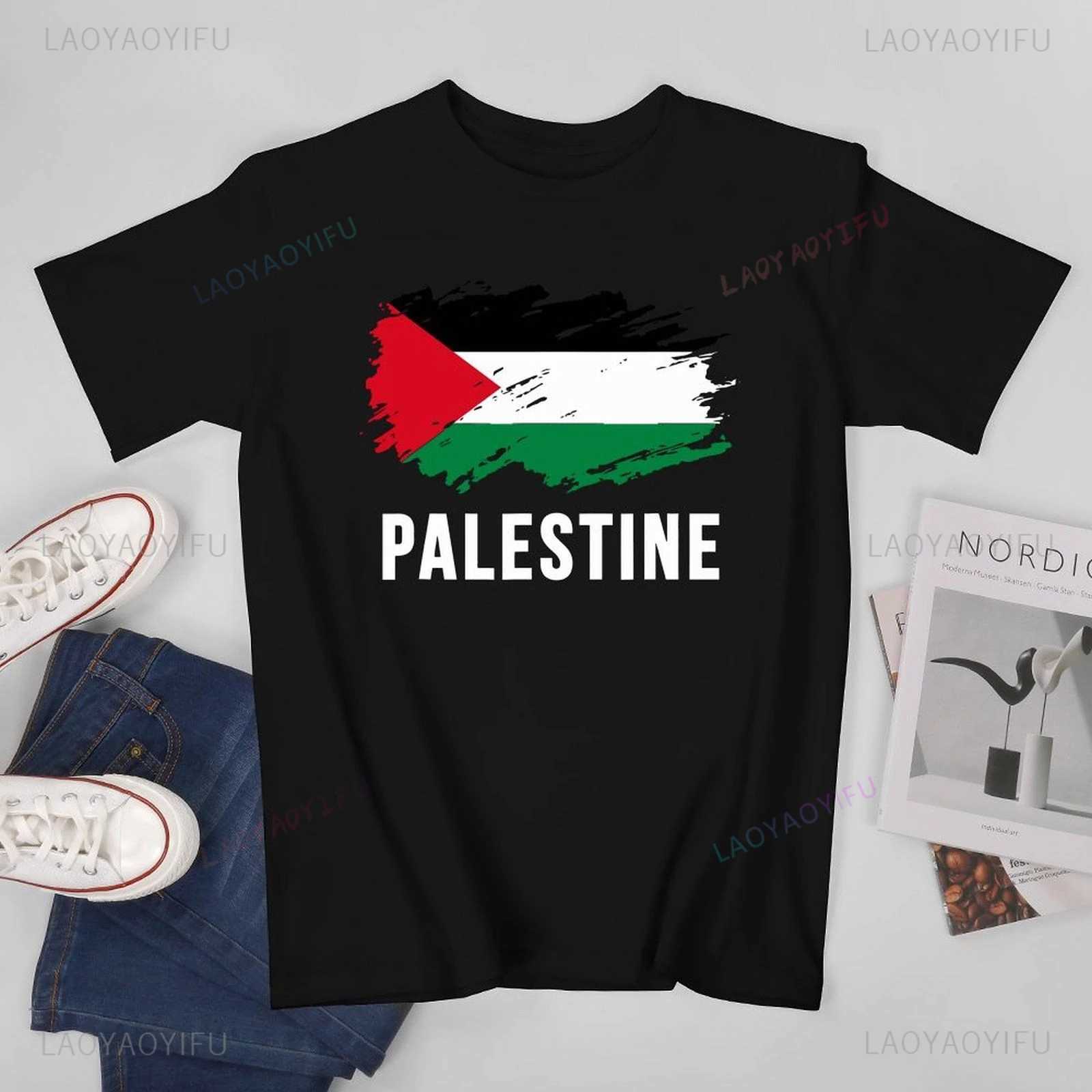 Classic Unisex Men Vintage Palestine Flag Printed T-shirt Casual Loose Tees T Shirts Women Summer Outdoors Cotton T-Shirt X250113