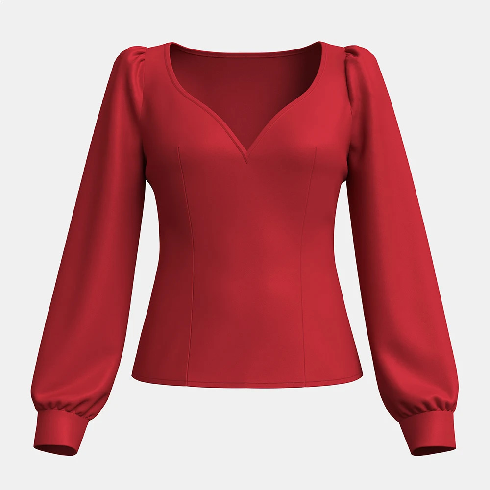 Mia Muse Womens Blouses Autumn French Elegant Plain Puff Sleeve Plunge Neck Fashion Party Dating 250102