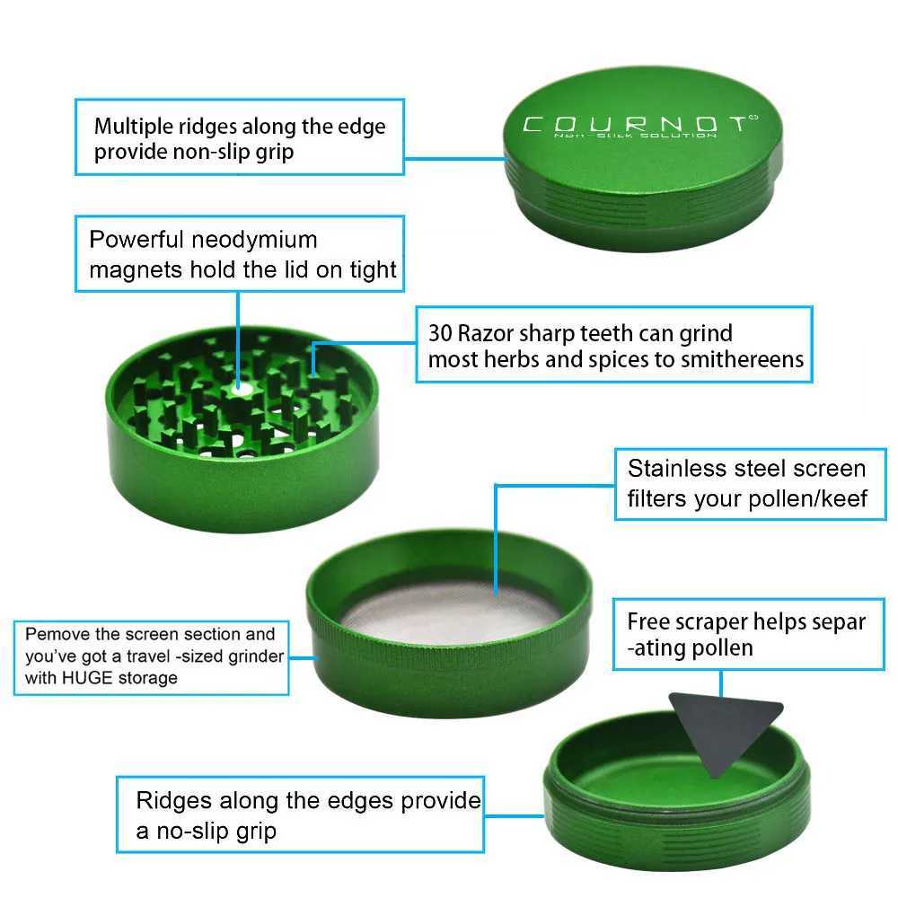 COURNOT 63MM 4Layers Aluminum Alloy Metal Non-Stick Ceramic Grass Smoke Grinder Sharp Diamond Teeth Handle Herb Grinder W250121