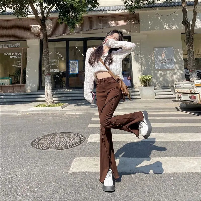 Coffee Colored Fringed Split Jeans for Women High Waisted ElasticTight Fit Slim Floor Length Pants 250106