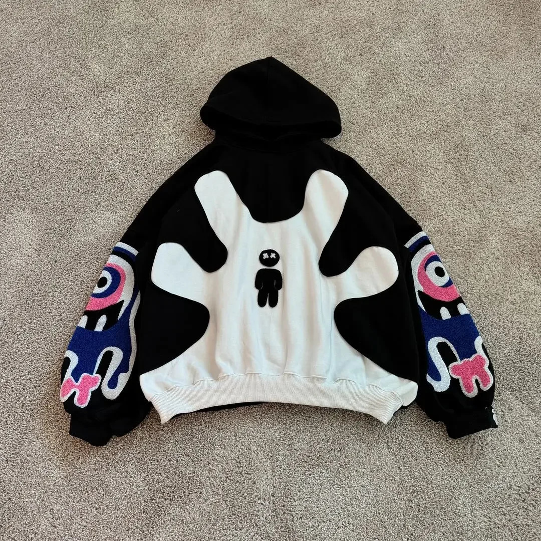 Gothic Casual Hooded Sweatshirt Retro Fashion Y2k High Street Cartoon Splicing Plus Size Harajuku Niche Couple Loose Top 250109