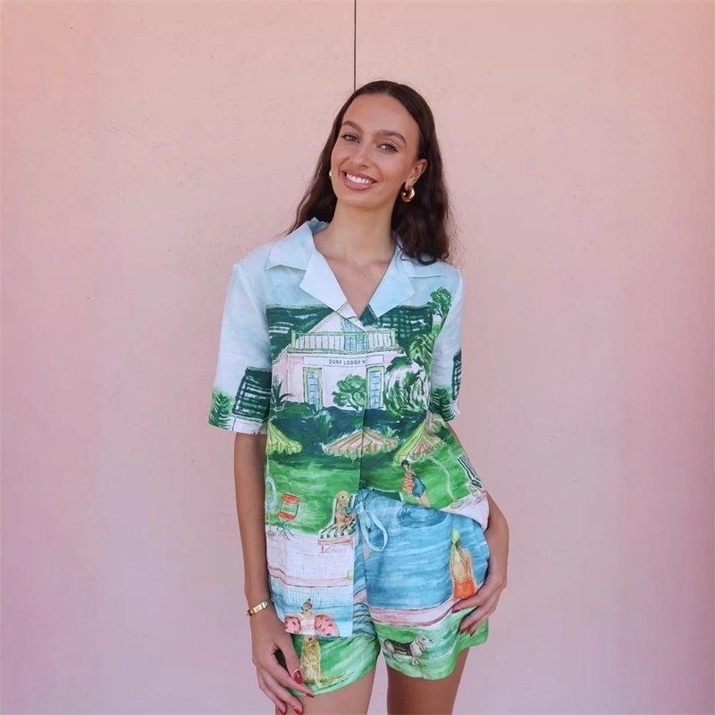 Women Tracksuits Two Pieces Set 2025 New Fashion Versatile Linen Graffiti Set Sportwear