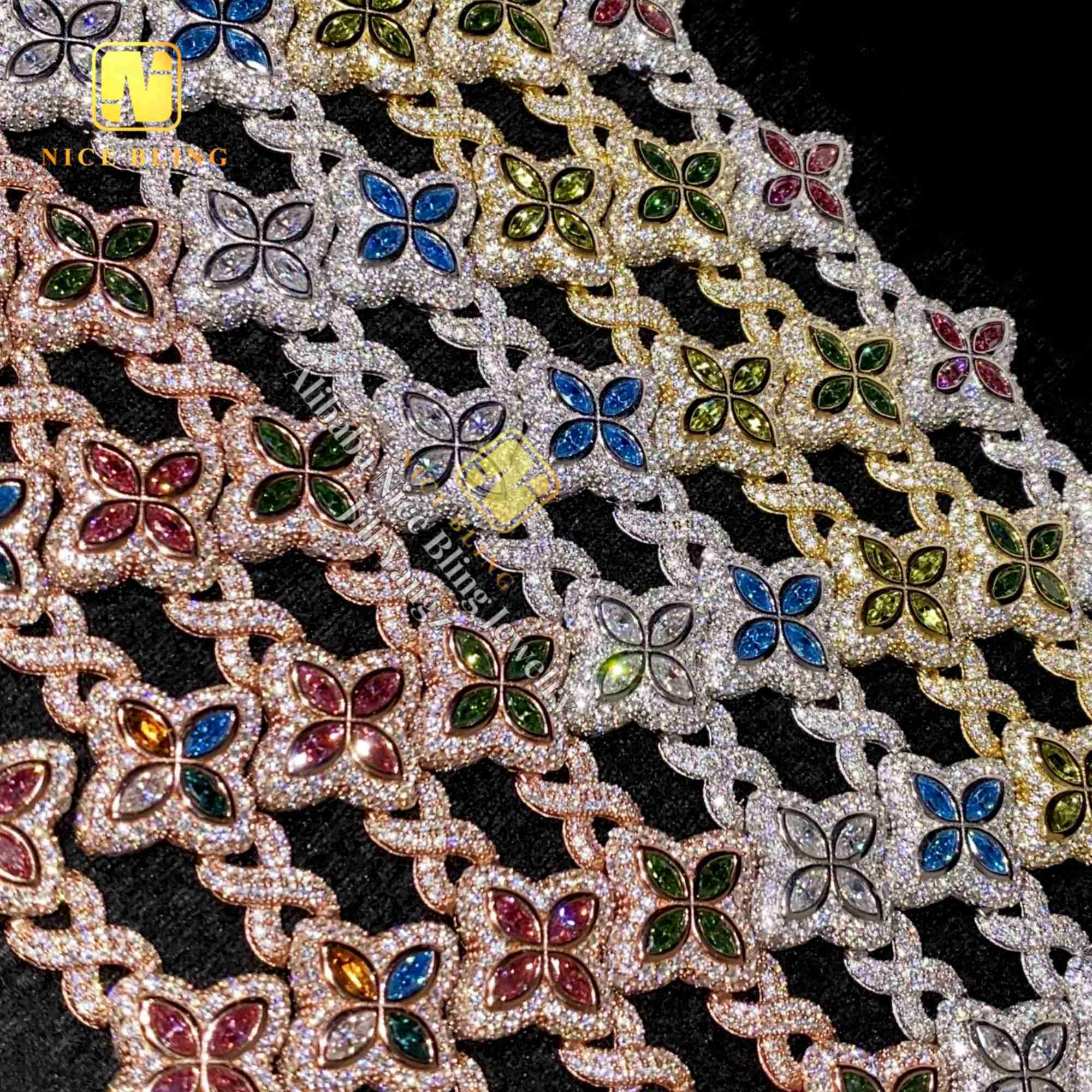 15 Options Colorful Moissanite Flower Cuban Bracelet Ready Stock Hip Hop Fancy Diamond Cuban Link Chain Moissanite 925 Silver