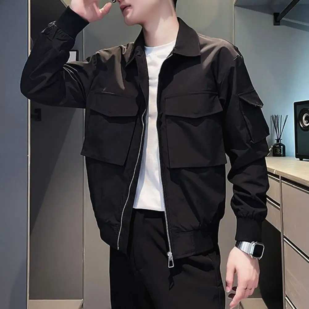 Men Jacket Loose Zipper Closure Long Sleeve Buttons Lapel Multiple Pockets Casual Hip Hop Streetwear Men Coat X250113