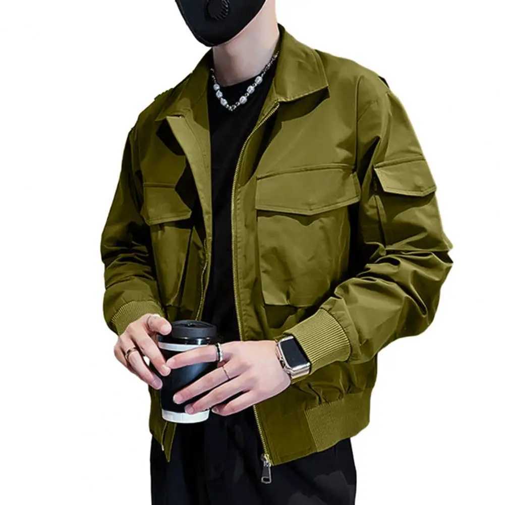 Men Jacket Loose Zipper Closure Long Sleeve Buttons Lapel Multiple Pockets Casual Hip Hop Streetwear Men Coat X250113