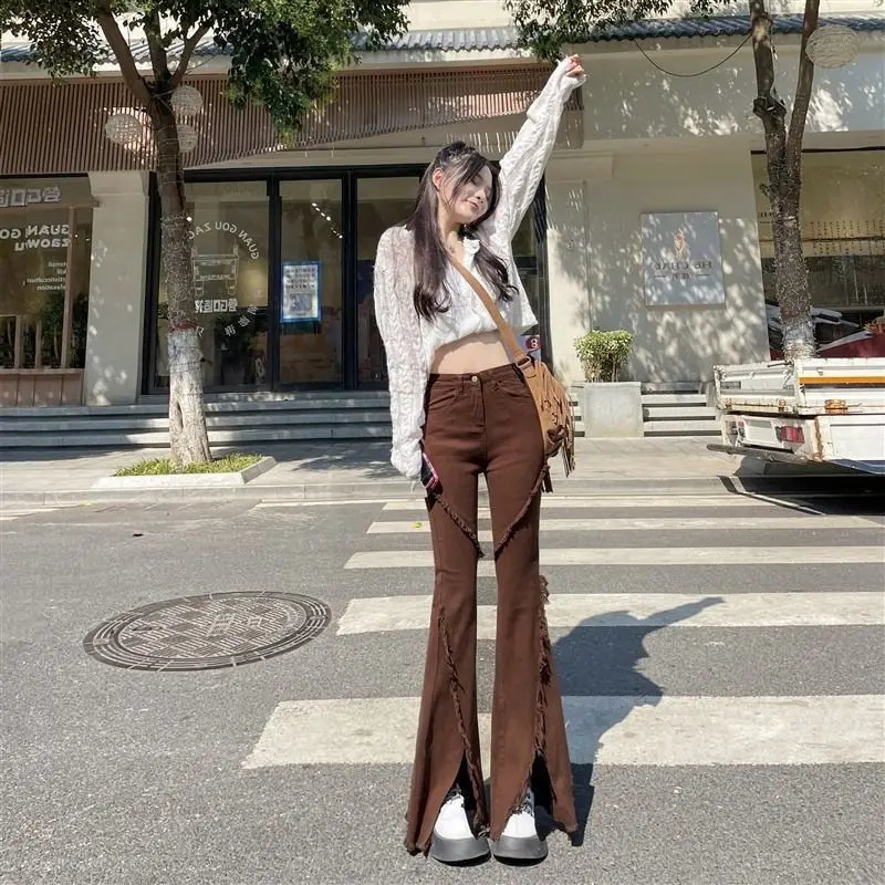 Coffee Colored Fringed Split Jeans for Women High Waisted ElasticTight Fit Slim Floor Length Pants 250106