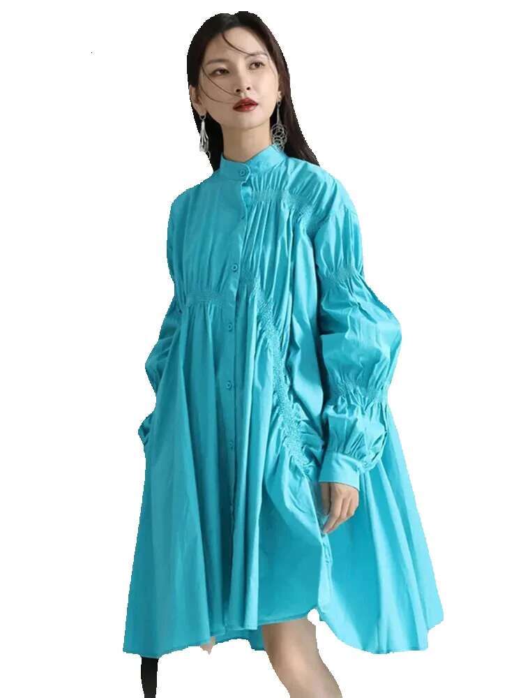Women Blue Irregular Pleated Big Hem Shirt Dress New Stand Neck Long Sleeve Loose Fashion Tide Spring Autumn 2025 1Df9549