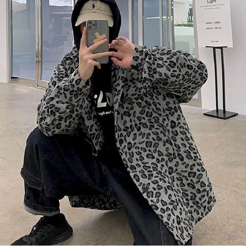 Retro leopard print casual jacket mens autumn spring Korean trend handsome elegant temperament high street coat cool streetwear 250107