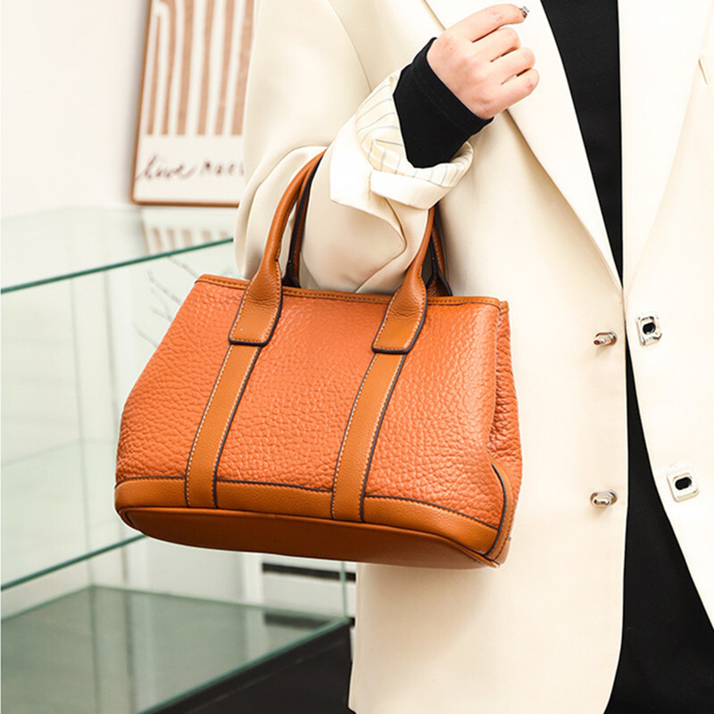 Genuine Leather Women's Handbags Fashion Cowhide Lady Tote Shoulder Messenger Bag Wide Strap Top Handle Bags