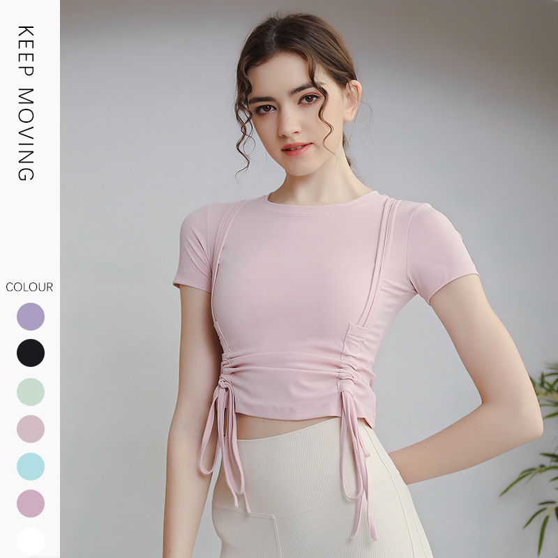 European and American women's sports outdoor tight fitting short sleeved running fitness quick drying slimming naked top high waisted ankle bindi