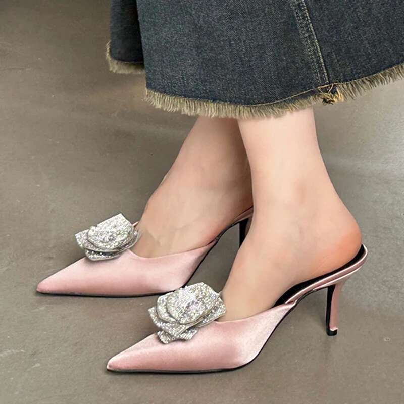 Eilyken Designer CRYSTAL Wer Silk Pointed Toe Women Slippers Fashion Thin Heels Party Dress Ladies Mule Shoes