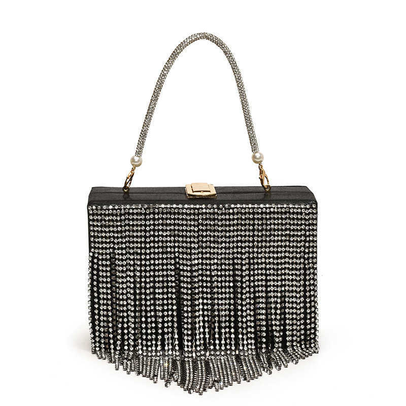 2024 Women's Bag New Fashionable Water Diamond Tassel Texture Single Shoulder Chain Handheld Box Trendy 250113