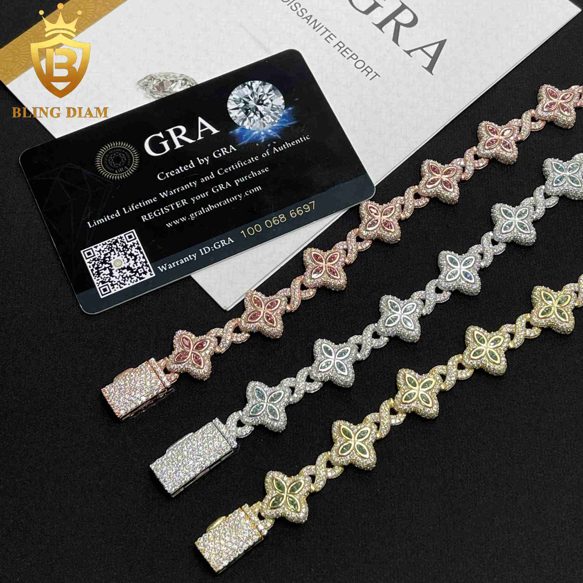 New Design 15mm Marquise Flower Design Hip Hop Jewelry Iced out Moissanite Diamond Cuban Link Bracelets Men Women