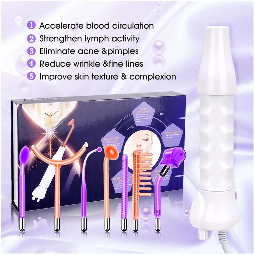 7 in 1 High Frequency Electro Therapy Wand Orange and Purple Glass Tube Remove Wrinkle Acne Spot Face Spa Skin Care Device