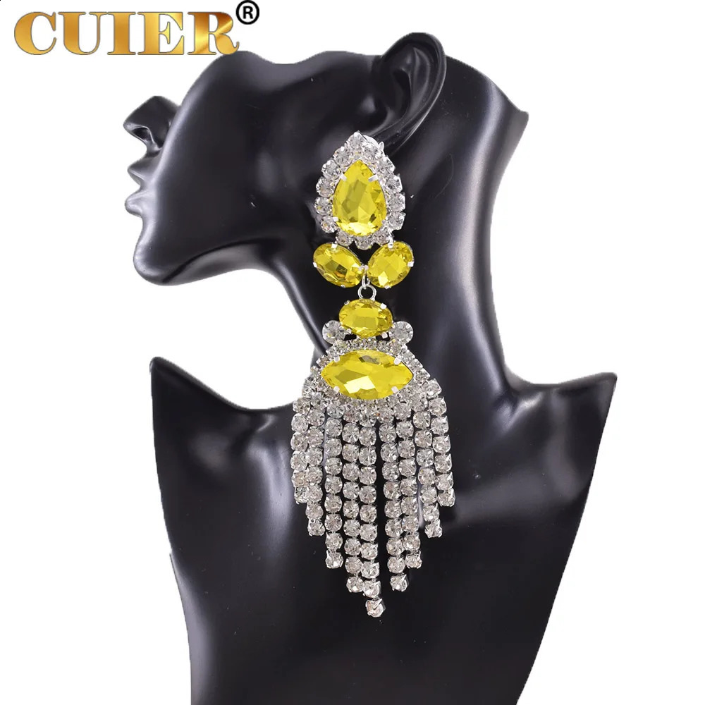 Rhinestones SS28 Dazzling17CM long tassel clip female earrings jewelry crystal AB large size dress queen accessories 250110
