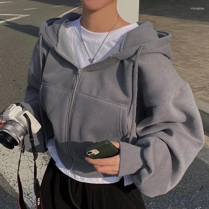 Women's Hoodies Casual Hood Sweatshirt Women Zip Up Solid Harajuku Long Sleeve Shirt Oversized Crop Tops Female Loose Jackets Coat