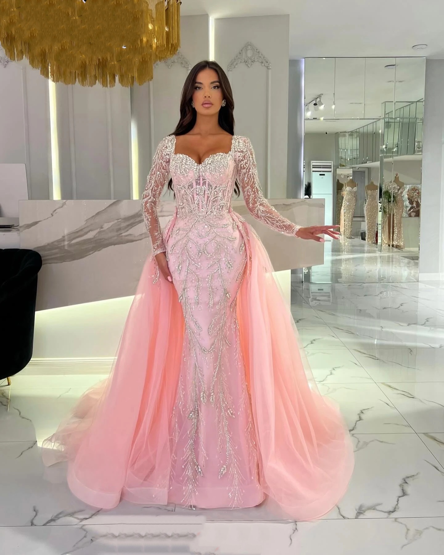 Classic Evening Dresses For Women Sweetheart Neck Long Sleeves Gown Crystal Appliques Detachable Train Customized Dress Party