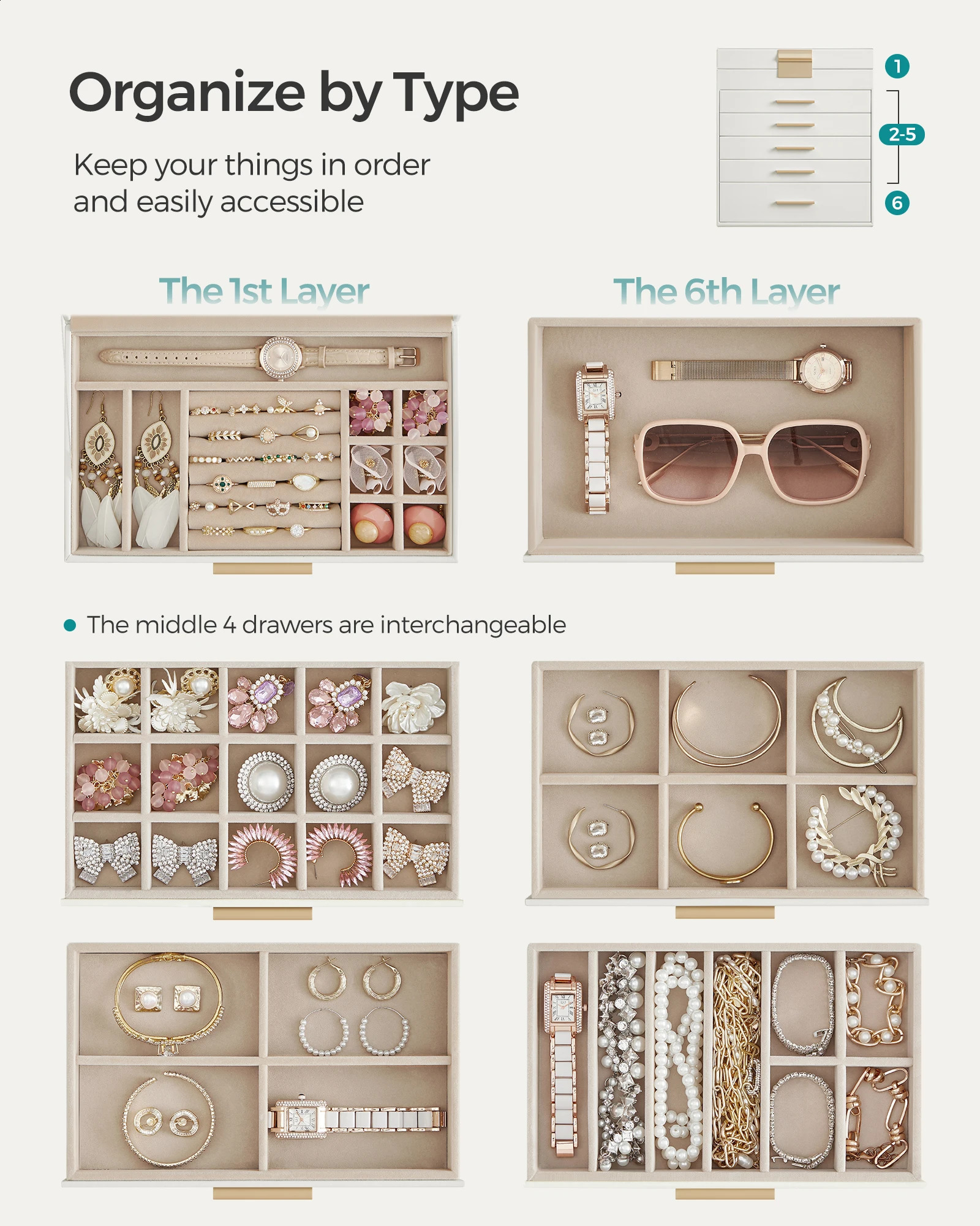 SONGMICS Jewelry Box with Glass Lid 6-Layer Jewelry Organizer 5 Drawers for Sunglasses Big Jewelry Jewelry Storage 250106