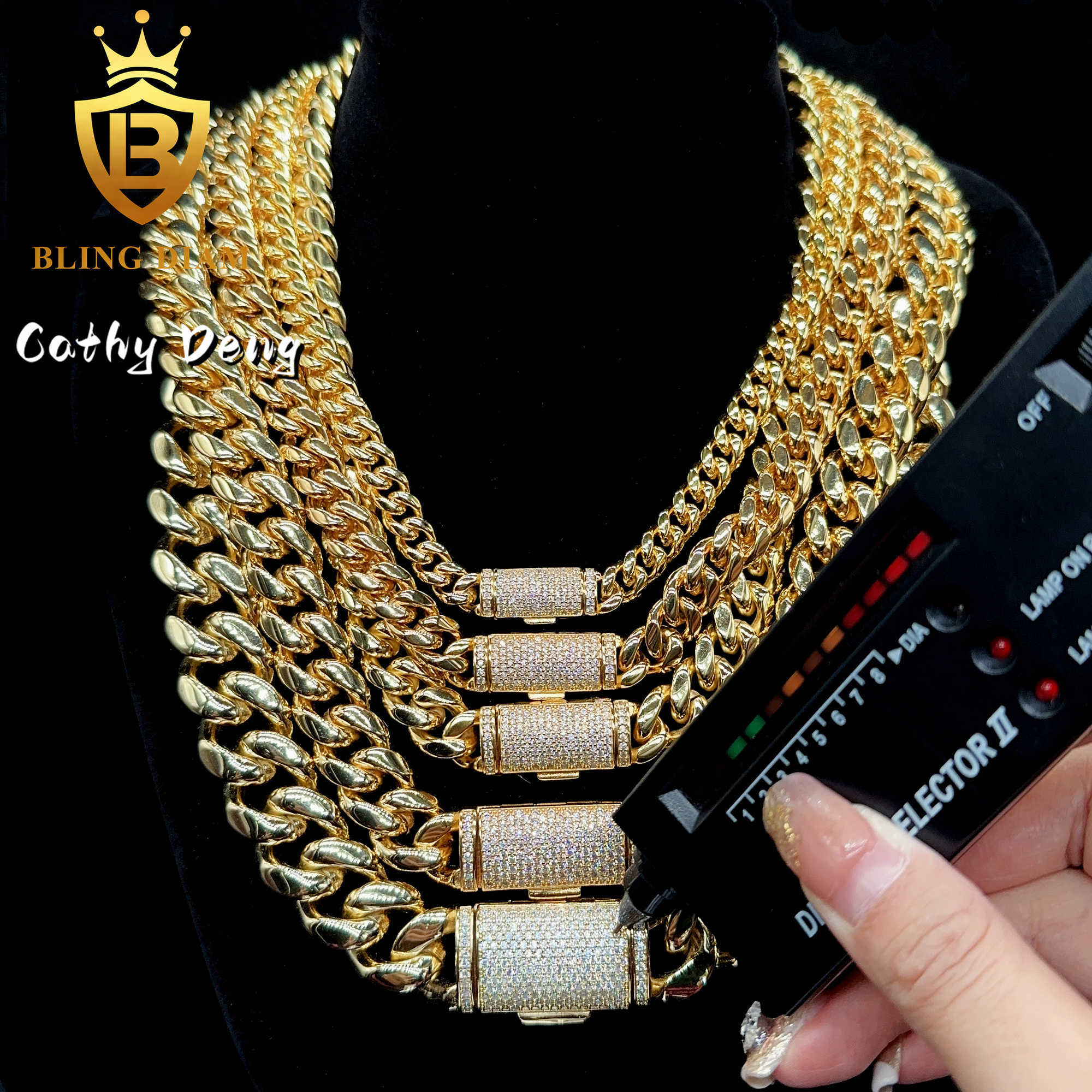Ready Shipping 8mm 12mm 14mm 18mm 316L Stainless Steel Cuban Chain With 925 Silver Moissanite Clasp Miami Chain for men women