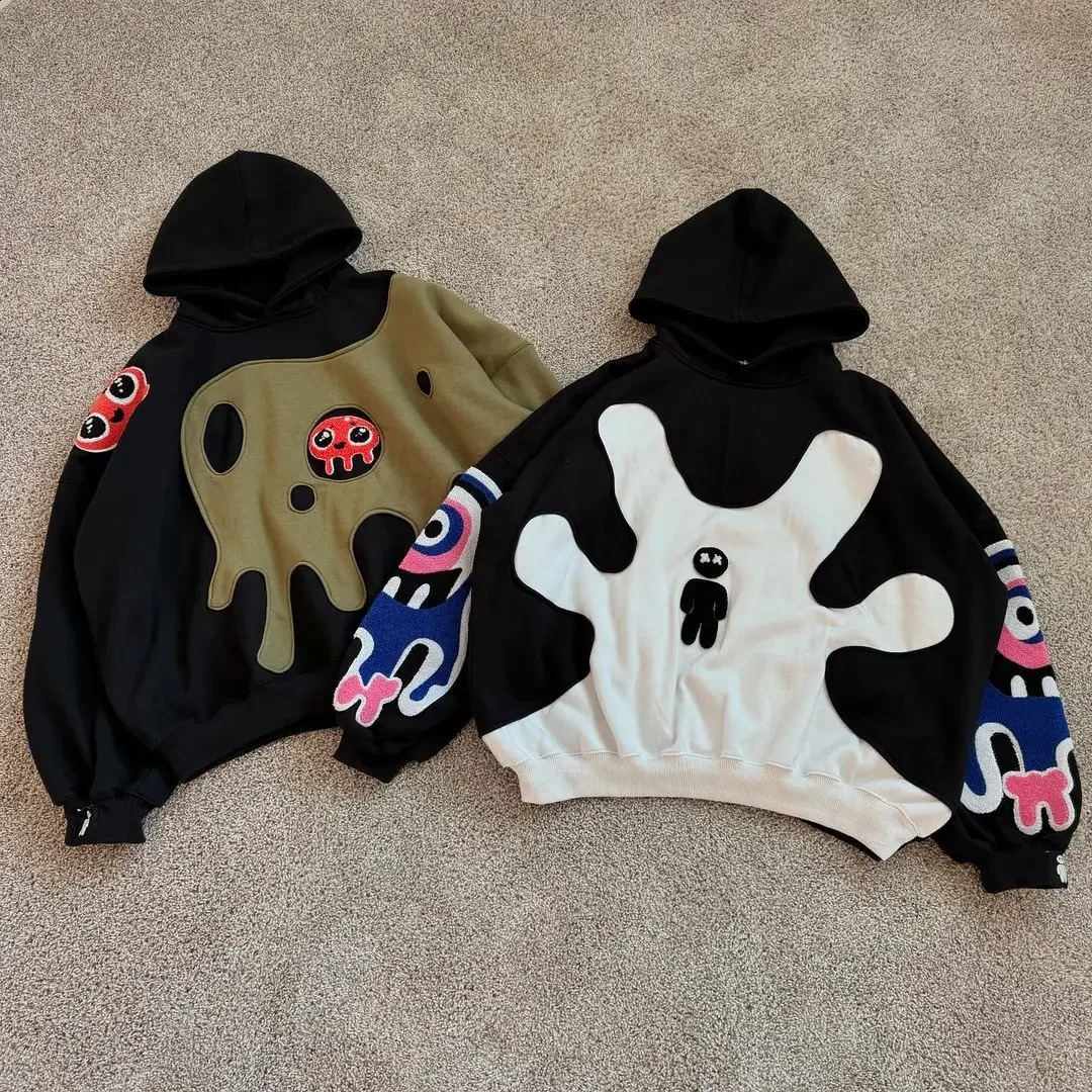 Gothic Casual Hooded Sweatshirt Retro Fashion Y2k High Street Cartoon Splicing Plus Size Harajuku Niche Couple Loose Top 250109