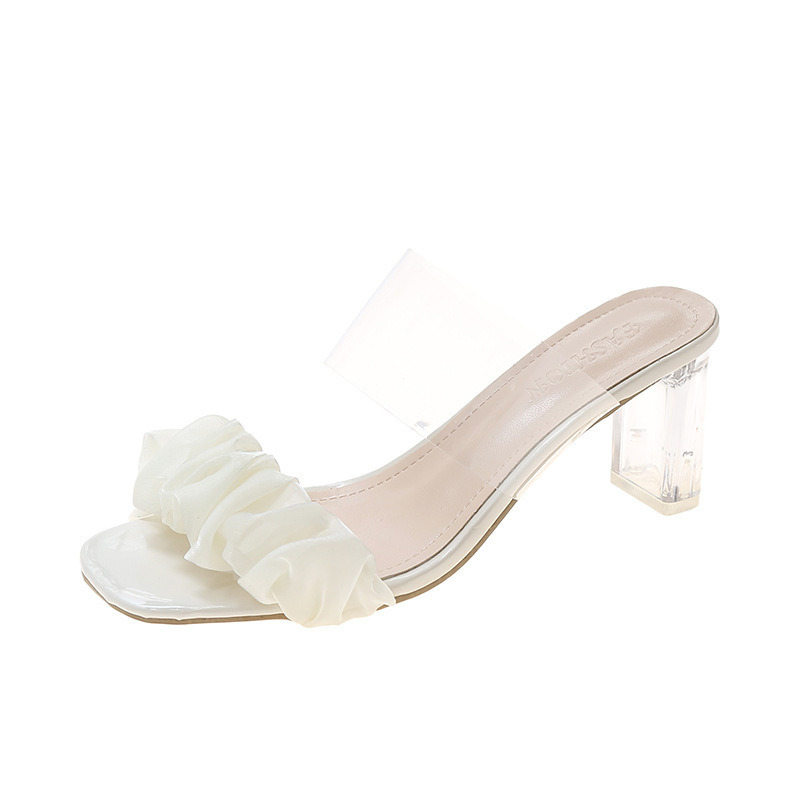 2025 free shipping sandals for womens designer sandals white beige Transparent thick heel square toe pleated high-heeled sandals