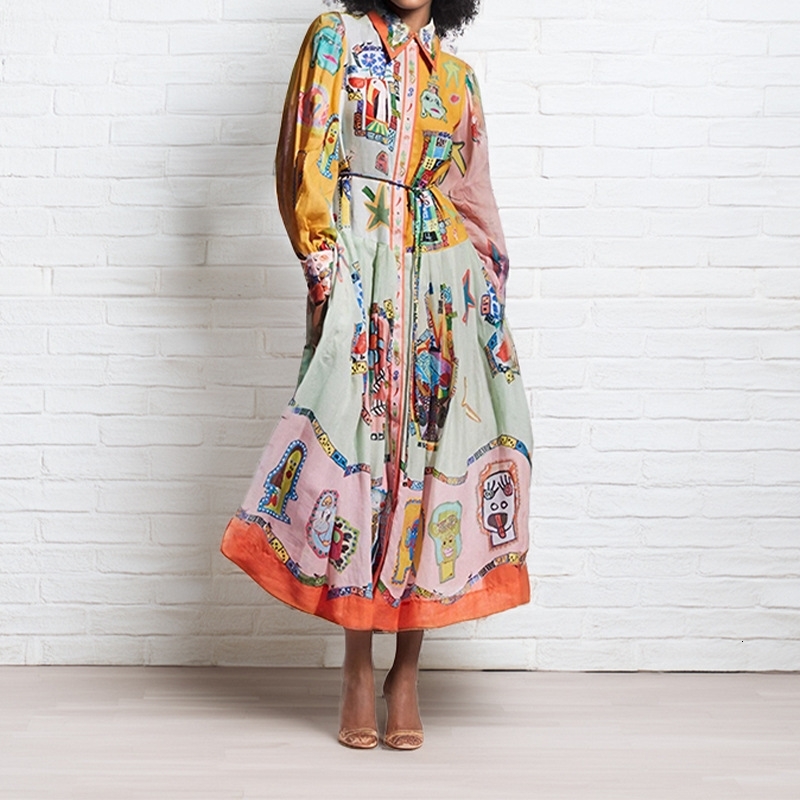 2025 Womens Lantern Sleeve Printed Lapel Waist Cinched Long Sleeved Big Swing Dress for Women