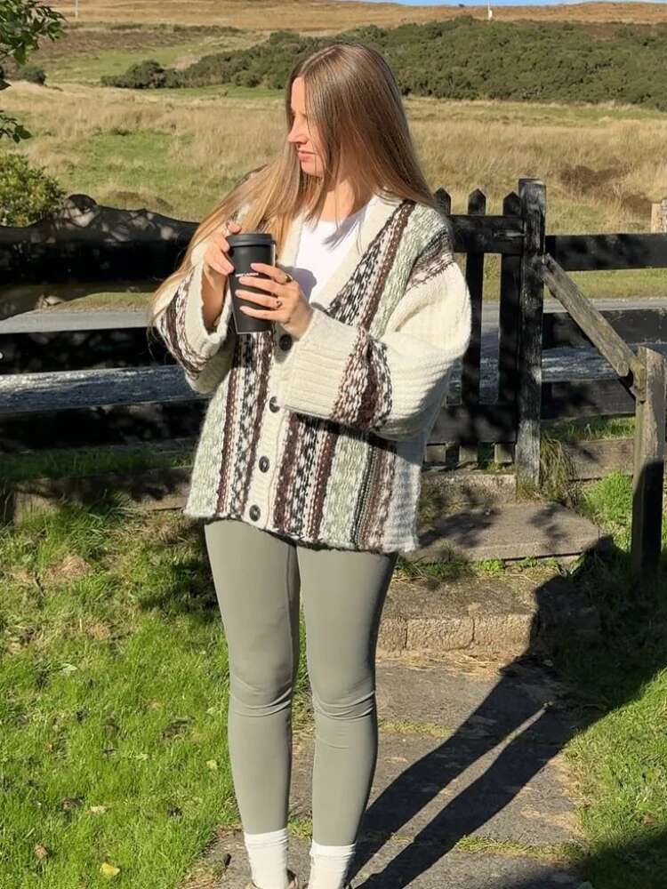 Fashion Crochet Knitting Sweater Women Retro V-Neck Long Sleeve Oversize Cardigan Knitwear Female Autumn Street Lady Chic Tops