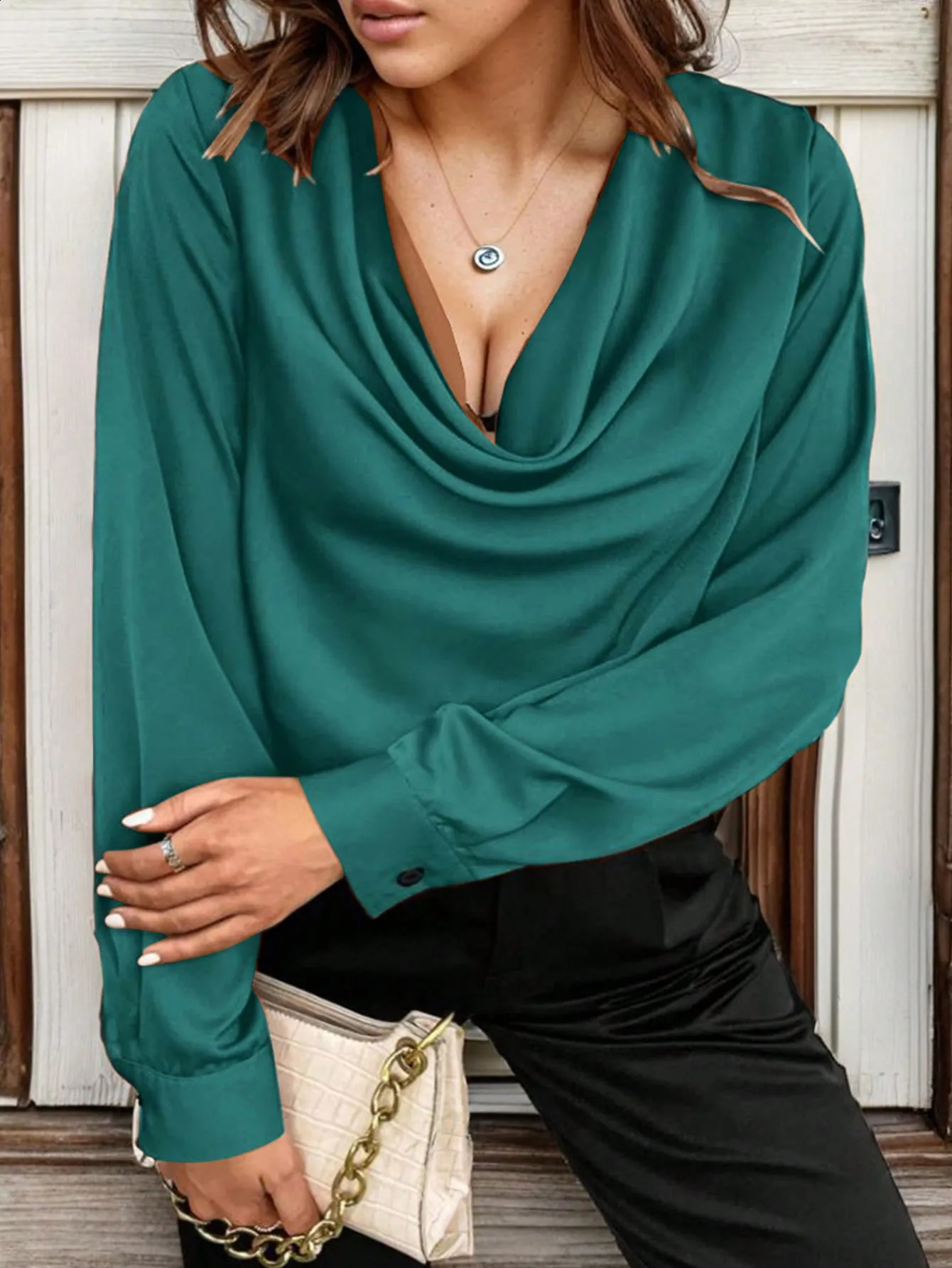 Autumn Fashion Plus Size Shirt Versatile Loose Chiffon Vneck Draped Pile Collar Solid Color Long Sleeve Casual Top 250102