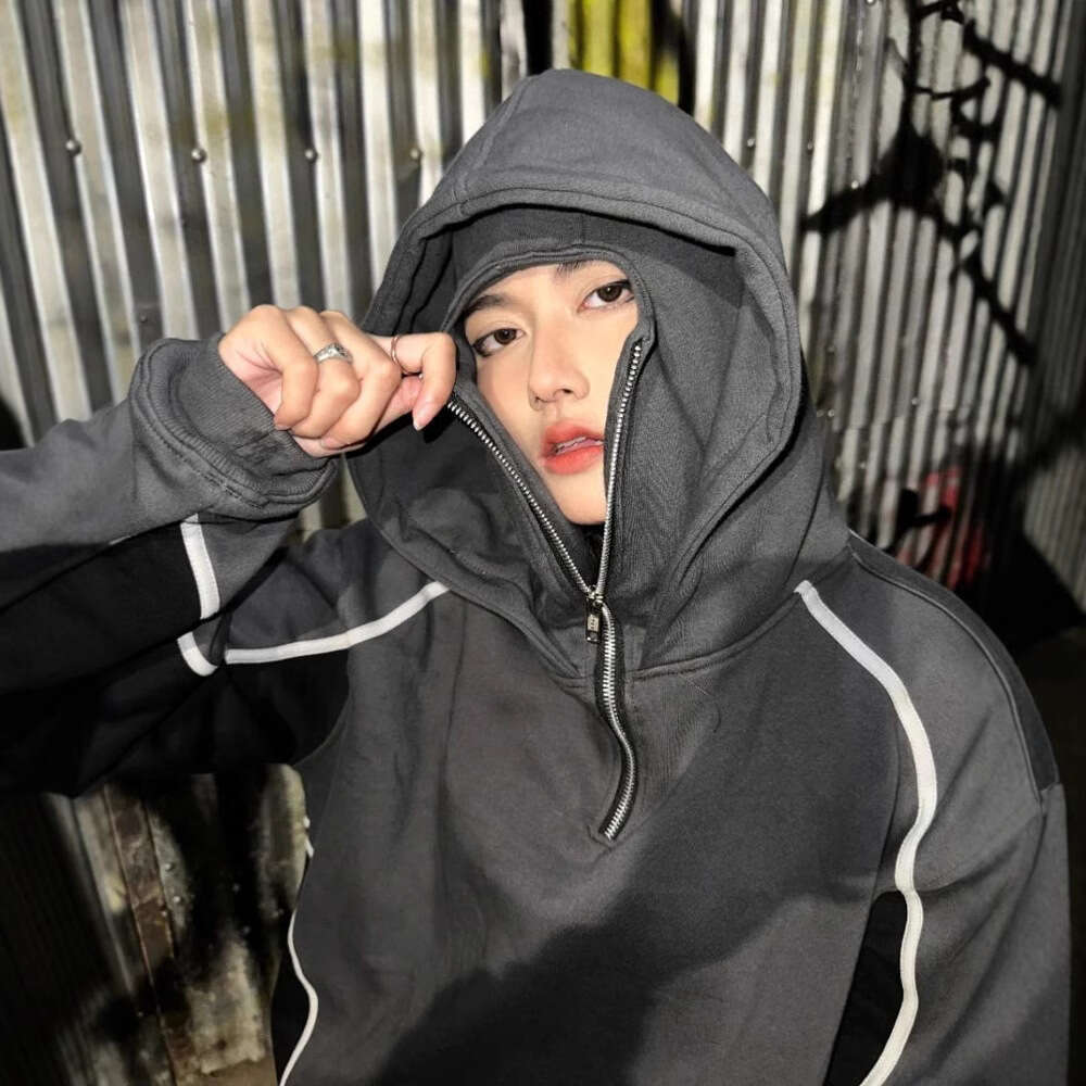 Ins trendy brand double hat personalized design color blocked hooded autumn winter new men's and women's loose Y2K sweatshirt