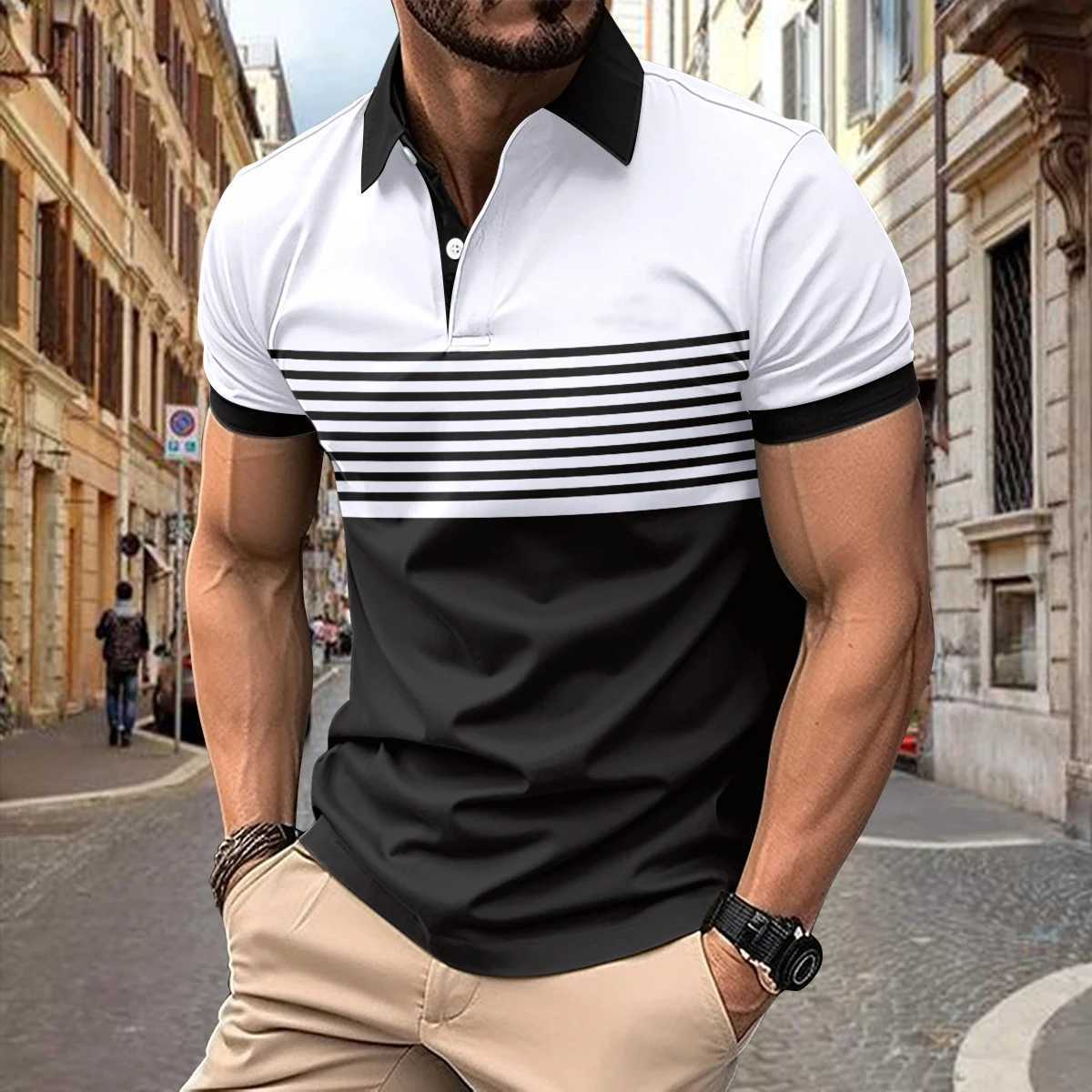 High Quality Mens Polo Shirt Polyester Casual Beach Polo Shirt Summer Comparison Stripe Printed Mens Polo Shirt T250113
