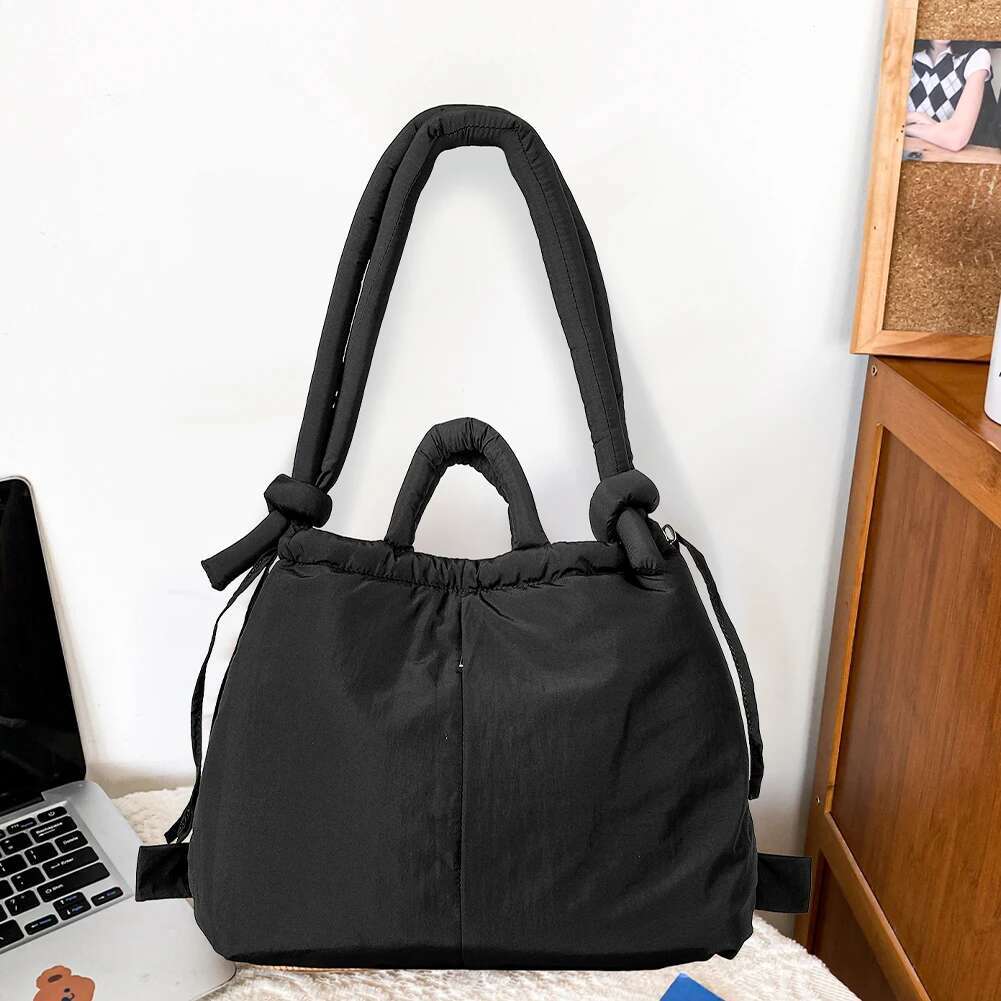 Stuffing Lightweight Stylish Backpack Large Capacity Women Puffy Drawstring Bucket Puffer Padded Shoulder Solid Tote Bag