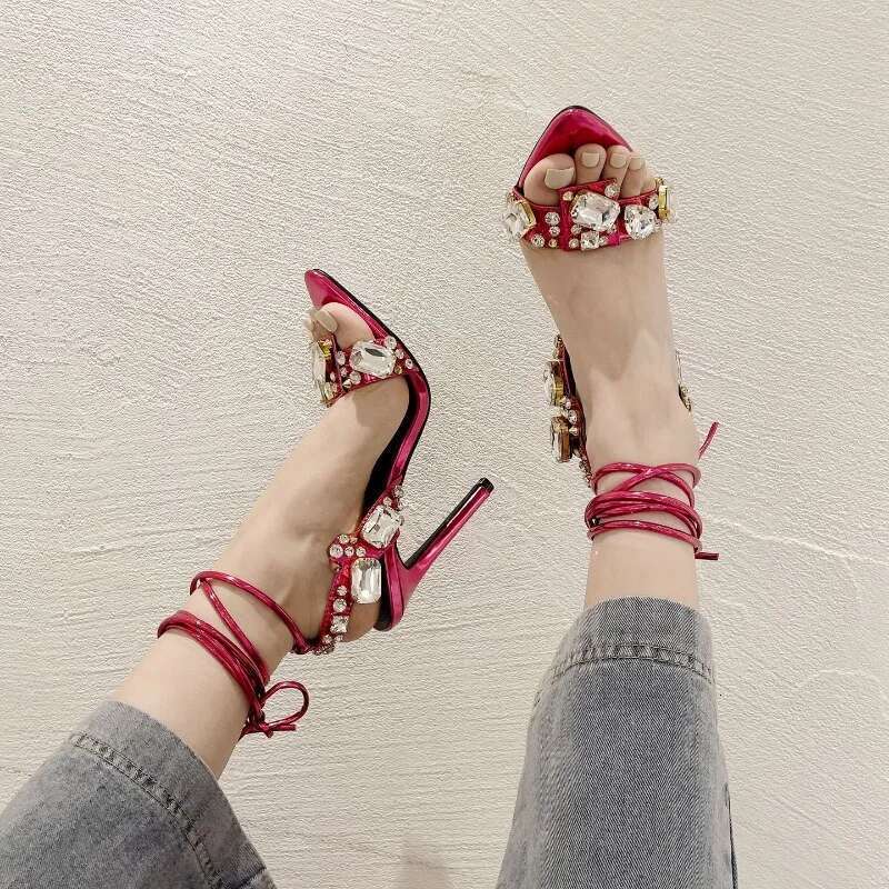 Sexy Thin High Heels Ankle Strap Sandals Womens Pointed Crystal Dia Party/club Wedding Party Shoe Sandalias Mujer