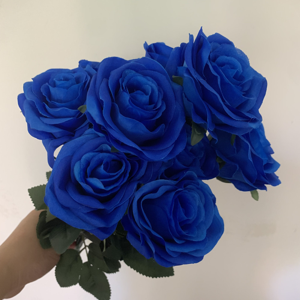 9 Heads Blue Rose Bouquet Artificial Flowers Light Blue Royal Blue Deep Blue Fake Roses Home Living Room Wedding Decor Bridal Bouquet - view 3