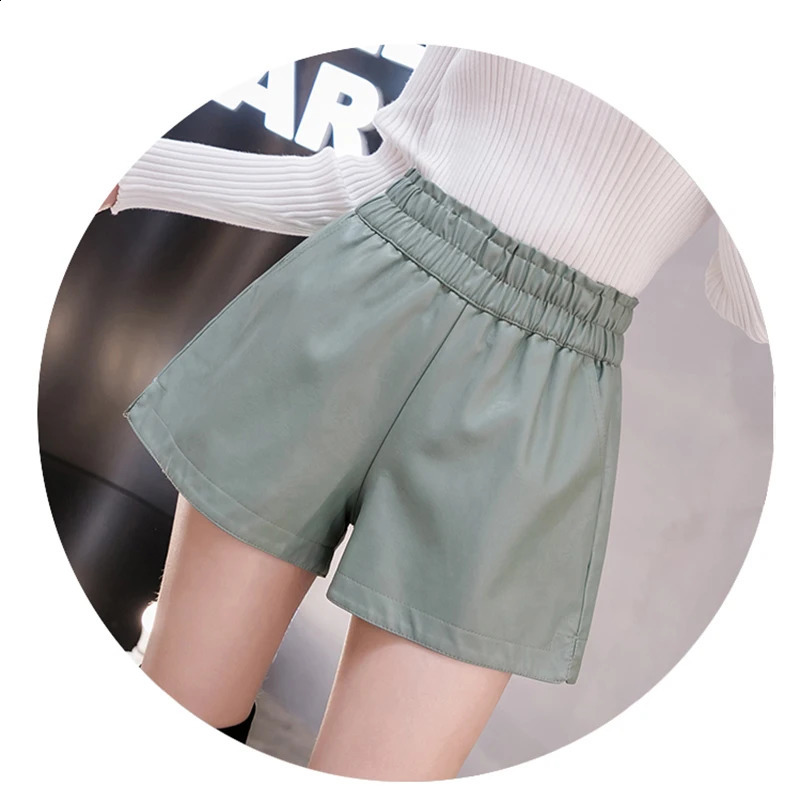 LJSXLS Elastic High Waist Wide Leg Biker Shorts Autumn PU Leather Short Femme Casual Ladies Black Mujer 250107