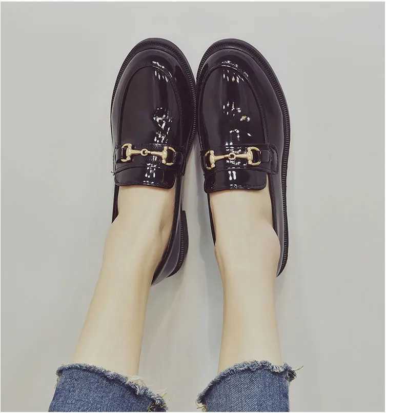 Withered British style fi elegant buckle patent leather solid hedging loafers women shoes women flat shoes womenXJ250113