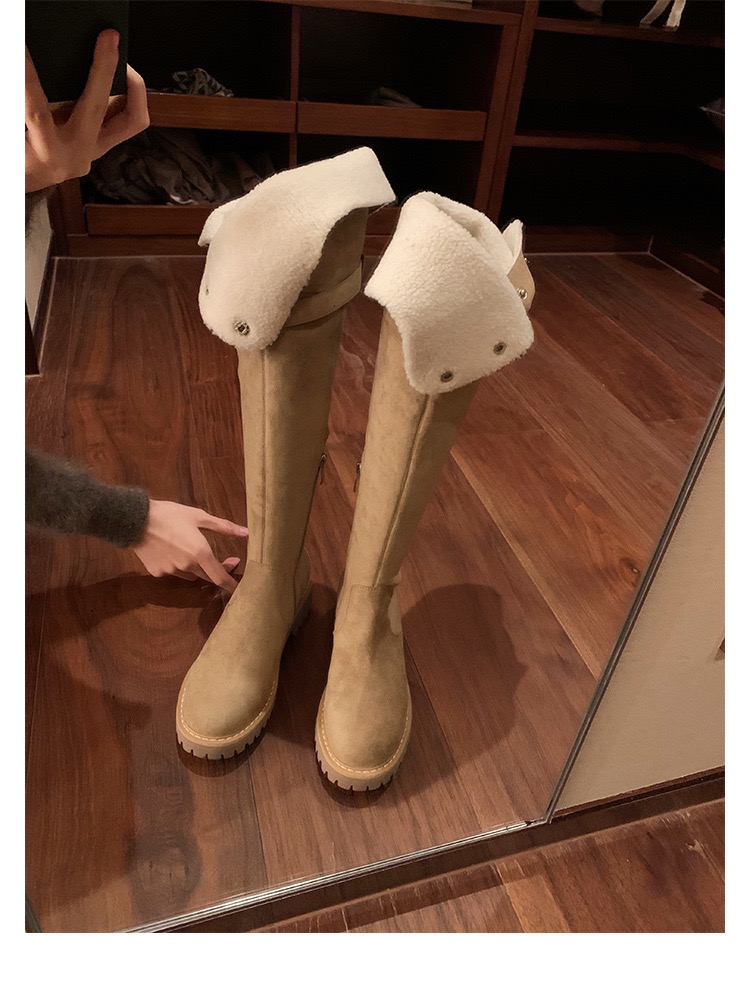 Winter Black New Lamb Wool Over The Knee Woman Round Toe New Slip On Tube Warming Fur Long Thigh Boots 1a26