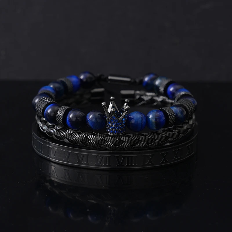 Set Tiger Stone Bead Crown Talisman Mens Bracelet Black Roman Stainless Steel Bracelet Womens Jewelry Halloween Gift 250109