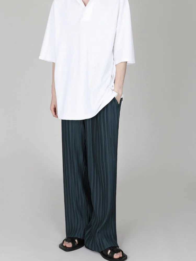 SYUHGFA Men Clothing 2024 Spring Autumn Ice Silk Pleated Wide Leg Pants Elastic Waist Causal Loose Straight Trousers For Male X250113