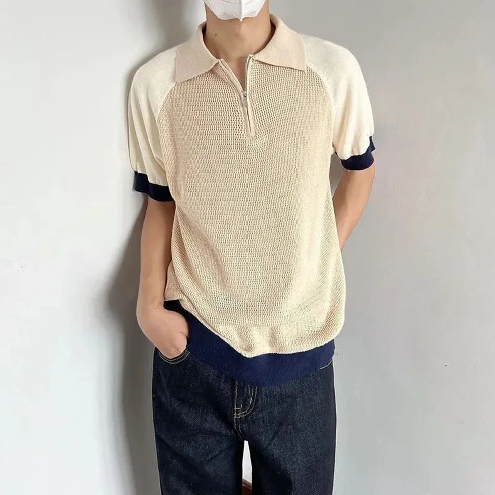 Polo shirt retro Y2k contrasting color patchwork T-shirt youth energy trend knitted breathable daily slim fit short sleeved top for summer 250109